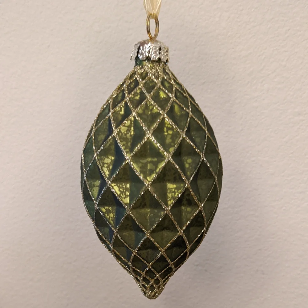 Teardrop Gilded Antique Gold Forest Pine Green Glass Ornament